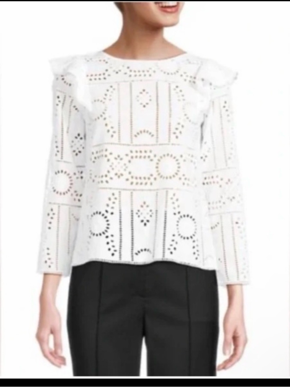 $245 MSRP NWT The Kooples Chic White Eyelet Cotton Ruffle-Shoulder Top - Women